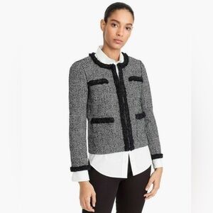 J.CREW Glen Plaid Braided Trim Tweed Jacket Blazer Black/White | Size 2 Womens